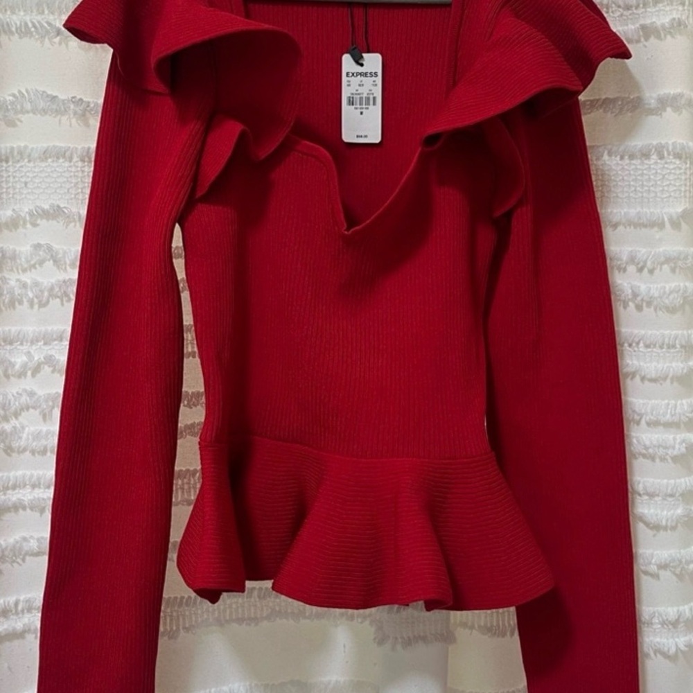 Express Vibrant Red Ruffle Blouse - Picture 3 of 5
